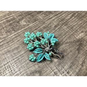 VTG Coro Signed Pin Floral Berry Clusters Bouquet Silver Tone Aqua Enamel Brooch